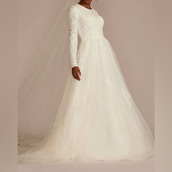 Lace & Tulle A-Line Modest Wedding Dress - Picture 5 of 9